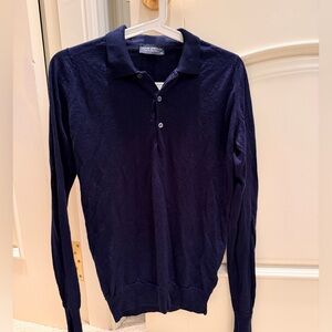 John Smedley Men's black Long-Sleeve Polo Sweater 100% merino wool XS